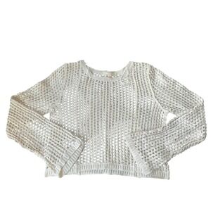 Rebellion Woman Crochet Knit Sweater Cream Bell‎ Sleeve Open Weave Top